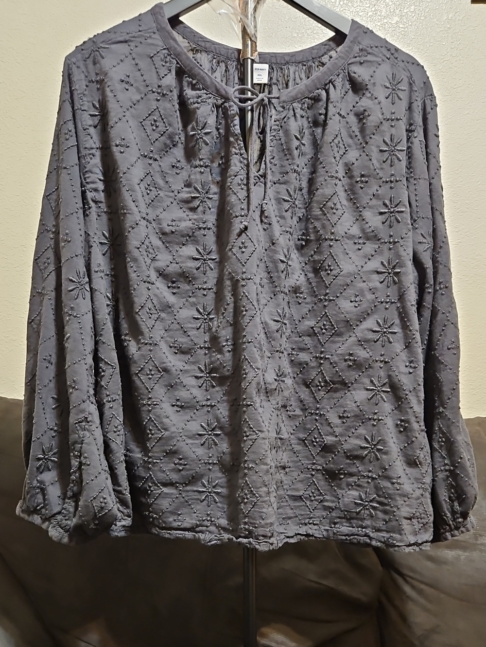 Old Navy Charcoal Embroidered Tie-Neck Blouse